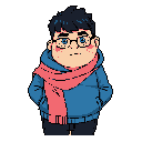 This pixel art portrait features a young person with dark blue hair, round glasses, and a pink scarf, radiating a cozy and calm vibe. Their relaxed pose and subtle smile create an approachable and endearing character against a stark black backdrop.