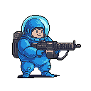 A pixelated astronaut in a blue spacesuit confidently wields a futuristic gun. This retro-futuristic character stands ready for adventure against a stark, black backdrop.