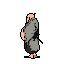 A lone, robed figure stands in stark contrast against a black void, rendered in a muted pixel art style. The character, with subtle hints of red beneath their gray robes, evokes a sense of mystery and contemplation.