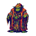 This pixel art showcases an imposing, ornately-robed goblin figure with a stern expression, radiating an aura of fantasy power and potential malevolence. The vibrant, high-contrast colors and detailed design make this character a captivating and potentially ominous presence.