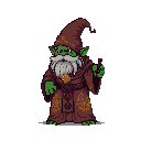 This pixel art image features a green-skinned goblin wizard, complete with a floppy brown hat, ornate robe, and a long white beard. He stands ready with his wand, evoking a classic fantasy RPG feel.