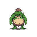 A stout, green troll-like creature with a menacing grin and clawed hands stands defiantly in this pixel art image. Its bulbous face, protruding belly, and aggressive posture create an ominous fantasy vibe.