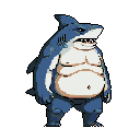 This pixel art features a menacing yet humorous, portly shark character standing upright with a sharp expression. The blue and grey shark contrasts with its peach-toned belly, creating a unique, slightly monstrous figure.