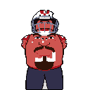 This pixel art shows a quirky, cartoonish football player from the chest up, complete with a helmet, red jersey, and a surprised expression. The stylized design features a bold color palette and simple details, giving the figure a comical vibe.