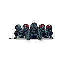 Five pixelated, zombie-like figures shamble forward, each sporting a bright red Santa hat for a darkly comedic holiday horror vibe. The identical, decaying creatures stand out against a void, creating a macabre yet festive scene.