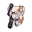 A cozy collection of five pixelated kittens, including tabbies and calicos, huddle together in a charming and endearing cluster. Their gentle expressions and soft color palette against a stark black background create a peaceful and heartwarming scene.