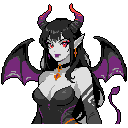 This pixel art portrait depicts a captivating demoness with fiery red eyes and elaborate horns, her alluring gaze hinting at hidden power. Bat-like wings and subtle details like a golden earring and jeweled choker complete her striking, gothic-elegant design.