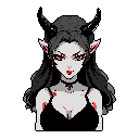 This pixel art portrait features a pale, demonic woman with striking red eyes and blood-like splatters, creating a gothic and unsettling image. Her dark horns and intense gaze hint at a powerful and dangerous otherworldly being.