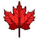 A pixelated Canadian maple leaf, rendered in striking reds against a black background, stands as a minimalist and iconic symbol. The retro aesthetic and high contrast create a clean, bold image.