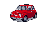 This pixel art image showcases a bright red Fiat 500, a classic European car, rendered in a nostalgic, retro style. The vibrant vehicle pops against a stark black background, highlighting its iconic design and compact form.