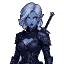 A stern, battle-ready elf warrior with piercing white eyes is portrayed in a striking dark palette. The portrait captures her intense gaze and quiet strength, hinting at a formidable character ready for a dark fantasy world.