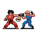 A pixel art image captures a retro fighting game scene with two martial artists: one in a red gi delivering a powerful punch, signified by a bold "POW!", while the other braces for impact in blue. The dynamic poses and vibrant colors evoke classic arcade action.