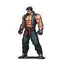 This detailed pixel art sprite features a muscular fighter with a determined look, clad in dark clothing with reddish-orange accents. He's posed ready for action, exuding strength and a hint of danger. The character's design suggests he's ripped straight from a classic fighting game.