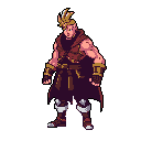 This pixel art features a muscular, blond-haired fantasy hero in brown and purple garb, striking a confident pose. Their determined expression and ready stance hint at strength and adventure.