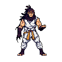 A pixel art martial artist with a stern gaze stands ready for battle, clad in a white gi and face-obscuring scarf. His focused expression and fighting stance convey strength and discipline.