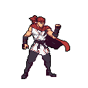 A determined pixel art fighter in a red and white tunic stands ready for battle, his fist clenched and expression focused. His retro design and muted color palette evoke a classic gaming feel.