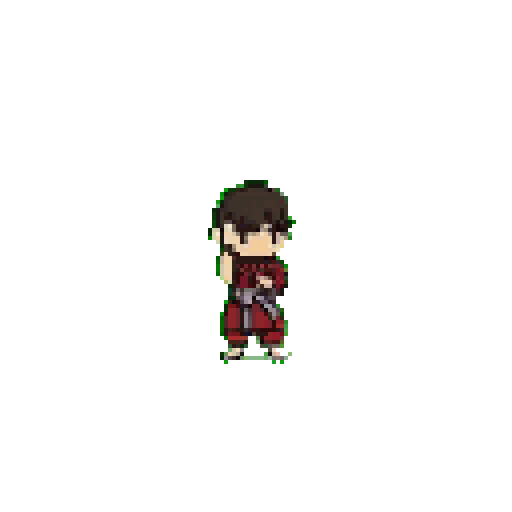 A chibi martial artist or samurai, rendered in pixel art, stands ready with his sheathed sword. This nostalgic, RPG-style character features a red and dark red outfit and a focused expression.