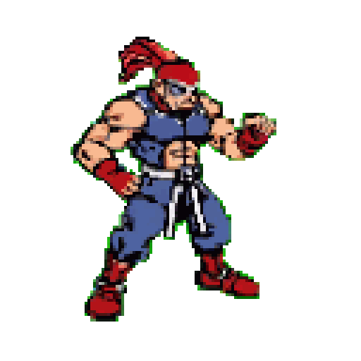 A muscular fighter in a classic arcade style stands ready for action, bandana trailing and fists clenched. His vibrant red and blue outfit pops against the simple green background.