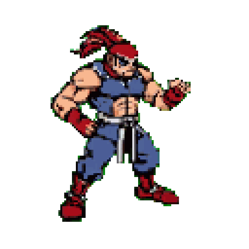 A muscular, pixelated fighter stands ready for action, sporting a vibrant red and blue outfit with dark sunglasses, reminiscent of classic fighting game characters.