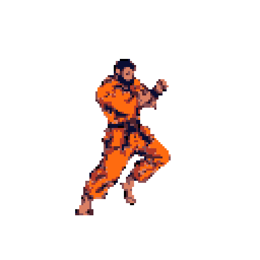A pixel art martial artist in an orange gi strikes a dynamic pose, fists clenched and ready for action, embodying the spirit of classic fighting games.