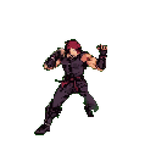 A muscular, reddish-brown-haired fighter in dark attire strikes a dynamic pose, fists clenched and ready for action in this pixel art image. He appears poised to strike in a fighting game scene.