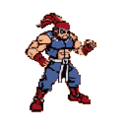 This pixel art showcases a muscular fighter in a classic arcade style, poised for action with clenched fists and a determined stance. Adorned with a red bandana and black sunglasses, he's ready to battle against the orange backdrop.