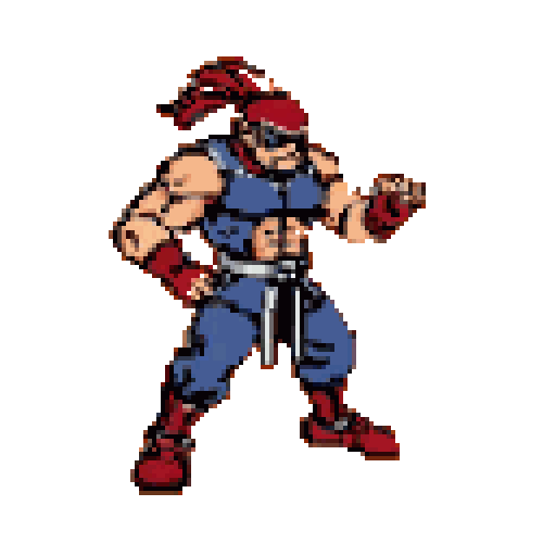 A pixelated, muscular warrior is ready for action in a fighting stance, sporting a vibrant red, blue, and tan color scheme. This retro-style fighter exudes an energetic and combative mood.