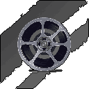 This pixel art showcases a classic film reel, its silver spokes and tightly wound film evoking a sense of cinematic history. Dark grey streaks hint at motion, adding a touch of dynamism to the iconic symbol.