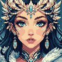 This detailed pixel art showcases the bust of a serene ice queen or elven deity, complete with an elaborate headdress and jewelry. Her piercing blue eyes and frost-like markings create an enchanting and mystical portrait.