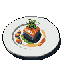 This pixel art showcases a beautifully plated dish featuring a dark, braised meat centerpiece adorned with vibrant green herbs and a glossy sauce, complemented by colorful fruit or vegetable cubes. The minimalist presentation, set against a stark black background, highlights the culinary artistry.