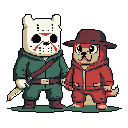A pixel art image features a Jason Voorhees-inspired figure holding hands with a smaller, puppy-like character in a matching hooded outfit. The juxtaposition creates a whimsical and subtly unsettling scene with a retro gaming aesthetic.