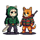Two pixel-art dog-people cosplay as horror icons Jason Voorhees and Freddy Krueger, complete with makeshift weapons and iconic attire. The image evokes a playful and nostalgic vibe, blending cuteness with classic horror.
