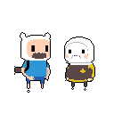 Pixel art captures a surprised Finn encountering a distressed, "sweet pea" version of the Lich. The simple style and limited color palette create a cute yet slightly concerning moment between the Adventure Time characters.
