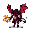 A menacing, pixelated demon or mechanical being with fiery red wings stands poised for action, wielding a chaotic blast of energy. Its sharp, angular design and contrasting colors create an ominous and energetic vibe, reminiscent of a powerful video game boss.