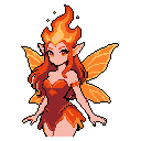 This pixel art showcases a serene fire fairy, adorned with flame-like hair, wings, and attire, embodying a mystical and powerful presence. Her warm color palette and glowing embers create a captivating image against the stark background.