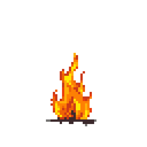 This pixel art image features a vibrant, steadily burning campfire rendered in warm yellows, oranges, and reds. The simple, nostalgic design evokes classic video game sprites.