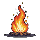 This pixel art depicts a vibrant and roaring campfire, its warm reds, oranges, and yellows contrasting against a dark background to evoke feelings of warmth and primal energy. Flickering flames and charred logs bring the lively yet peaceful blaze to life.