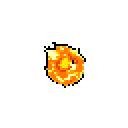 A vibrant pixel art fireball explodes with energy, its core of yellow and white fading into fiery oranges. The simple design and warm colors create a striking image of heat and power.