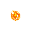 A vibrant, pixelated fireball bursts with energy, its jagged yellow, orange, and red flames radiating against a stark black background. The stylized design captures the heat and danger of fire in a retro, eye-catching way.