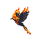 A pixelated phoenix bursts into flames, its vibrant orange and red plumage contrasting against a stark black background, evoking themes of power and rebirth.