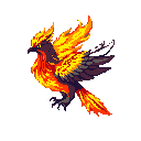 A fiery pixel art phoenix bursts into life, wings spread in dynamic flight against a stark black backdrop. The vibrant hues of orange, yellow, and red capture the mythical bird's essence of rebirth and power.