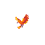 A stylized, fiery phoenix bursts forth in pixel art, its wings outstretched in powerful flight against a stark black background. The vibrant orange, yellow, and red hues evoke a mystical and captivating presence.