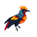 A striking pixel art raven-phoenix hybrid perches alertly, its dark blue-gray body ablaze with fiery orange and red accents. This creature of darkness and fire exudes an ominous, powerful presence.