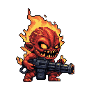 This pixel art showcases a fiery, imp-like creature brandishing a massive gun. Glowing eyes and erupting flames amplify the monster's menacing snarl, hinting at explosive power.