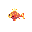 A cheerful pixel art goldfish swims towards the right, its orange body adorned with red spots and its fins a vibrant mix of red and yellow. Tiny yellow pixels hint at bubbles, bringing this simple yet charming aquatic creature to life.