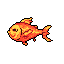 A cheerful, brightly colored goldfish swims peacefully against a stark black background in this charming pixel art creation. The vibrant fish, rendered in warm oranges, yellows, and reds, evokes a sense of nostalgia and classic video game aesthetics.