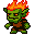 A mischievous, green goblin with fiery orange hair stands out against a stark background. This pixel art creature, with glowing eyes and clenched fists, evokes a blend of fantasy and retro charm.