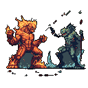 A fiery, lava-like monster clashes with a reptilian, possibly stone or ice-based creature in this intense pixel art battle. The high-contrast figures face off in a display of raw power, reminiscent of classic video game monster battles.