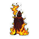 A mysterious, cloaked figure blazes with pixelated flames, holding a torch as their glowing eyes pierce the darkness. The ominous image evokes a sense of power and danger.