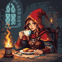 A pixel art maiden in a red cloak pauses for a peaceful tea break, her blonde hair illuminated by candlelight as she sits at a wooden table, cross necklace in view. The scene evokes a cozy respite from a medieval-fantasy world.